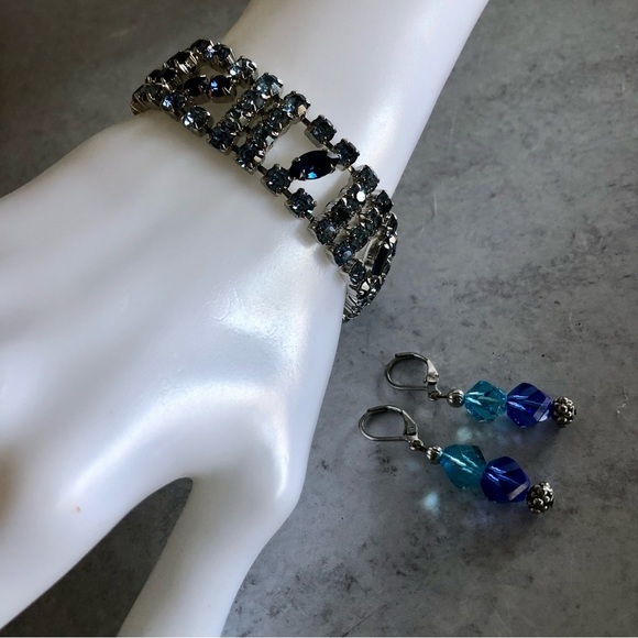 Sapphire Blue Rhinestone Statement Bracelet & Dangle Earrings Set - Picture 2 of 8